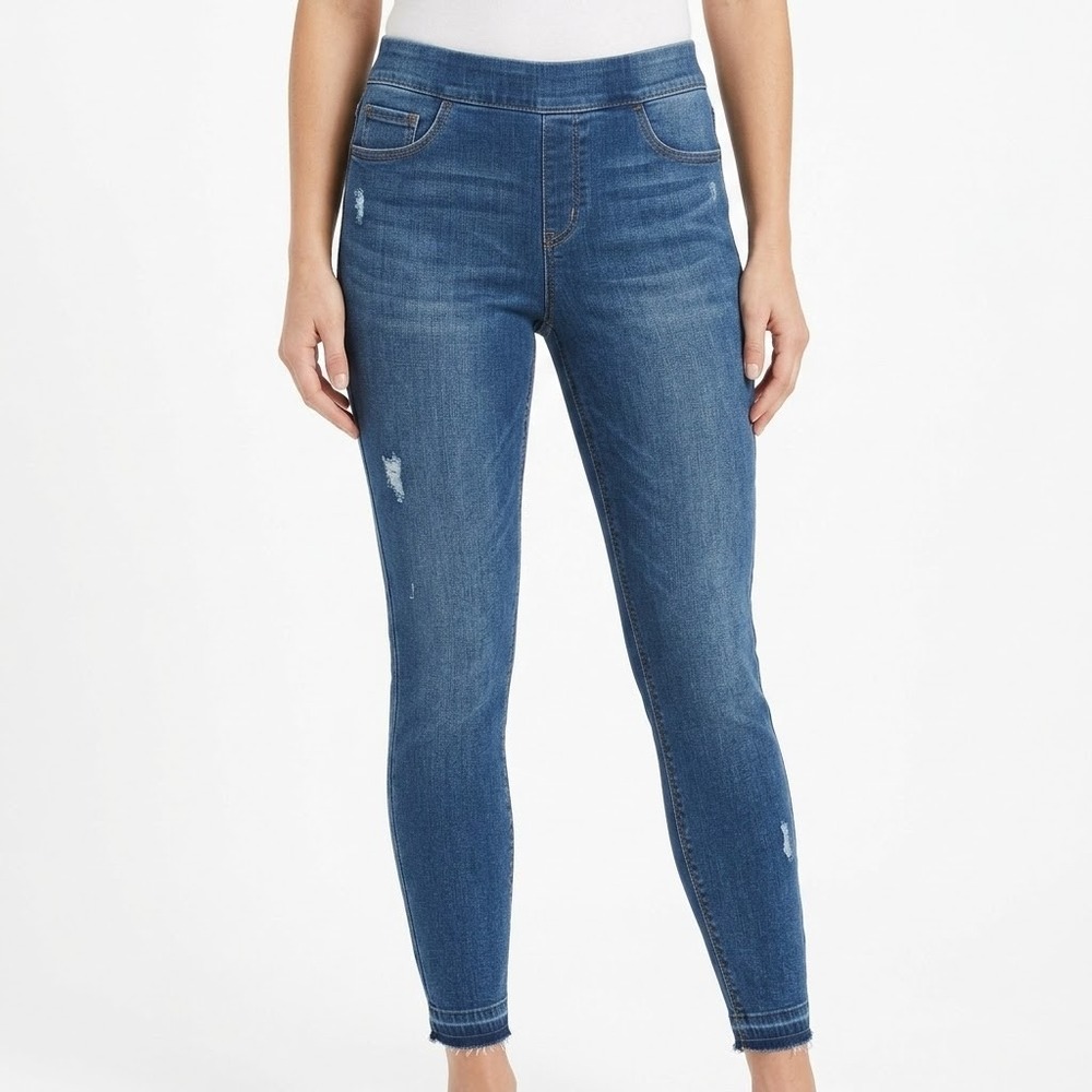 Spanx Jean-ish Leggings Womens XL Blue Distressed High Rise Pull On Frayed Hem